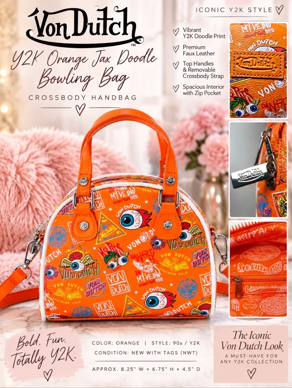 NWT Y2K Von Dutch Orange Doodle Bowling Bag Purse Crossbody Handbag